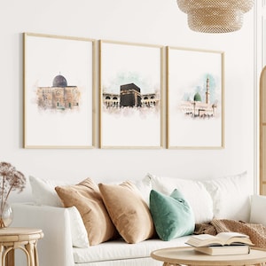 Set di 3 stampe murali islamiche - Kaaba Mecca - Masjid an-Nabawi Medinah - Moschea di Al Aqsa Palestina - Stampa poster islamica - Pittura digitale