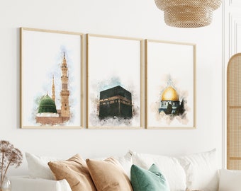 May include: Three watercolor paintings of Islamic religious sites. The first painting shows the green dome of the Prophet's Mosque in Medina. The second painting shows the Kaaba in Mecca. The third painting shows the Dome of the Rock in Jerusalem.