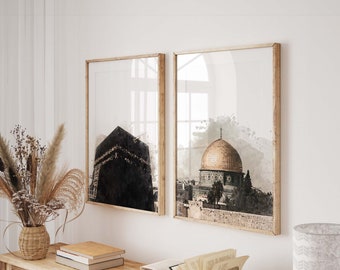 Kaaba Aqsa Watercolor Painting, Islamic Wall Art Print Set (Digital)