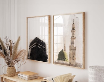 Kaaba Mecca & Masjid an-Nabawi Watercolor Print Set (Digital Painting)