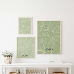 Conjunto de 3 mapas Arte de la pared islámica - La Meca Verde Medina Jerusalén Palestina Al Aqsa Cartel, Impresión de carteles islámicos - Decoración Boho Ramadán imprimible