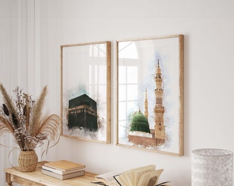 Set Kaaba Watercolor Painting, Masjid Nabawi Wall Art, Mecca Wall Art, Islamic Art Print, Makkah Medina Muslim Home Decor, Digital Download