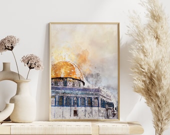 Dome of the Rock Painting - Al Aqsa Islamic Wall Art - Islamic Poster Print - Digital Watercolor Painting - Printable Wall Decor - Palestine