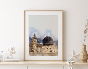 Masjid Al Aqsa Painting, Watercolor Islamic Wall Art, Islamic Poster Print - Islamic Digital Painting - Printable Wall Decor - Palestine Art