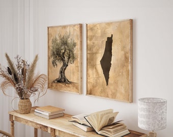 May include: A wooden console table with two framed prints, one with a tree and the other with a map of Israel. The table has a book, a lamp, and a vase with dried flowers on it.
