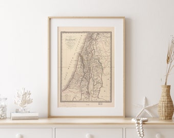 May include: A framed vintage map of Palestine, printed in black and white, with the title "Palestine" and "Terra Sancta" in a decorative font. The map is displayed on a white shelf with a coral sculpture, a glass jar of white beads, and a white beaded garland.