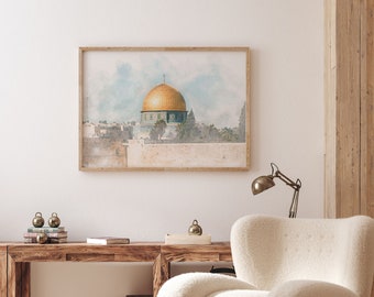 Dome of the Rock Painting - Al Aqsa Islamic Wall Art - Islamic Poster Print - Digital Watercolor Painting - Printable Wall Decor - Palestine