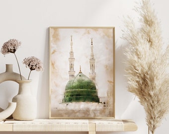 Masjid an-Nabawi Islamic Wall Art - Mecca Medina Painting - Printable Watercolor Wall Decor -  Boho Islamic Poster Print - Digital Painting