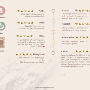 May include: A screenshot of a website with customer reviews for digital prints. The reviews are positive and highlight the quality of the prints, the ease of download, and the helpfulness of the seller. The website is mediumblack.etsy.com.