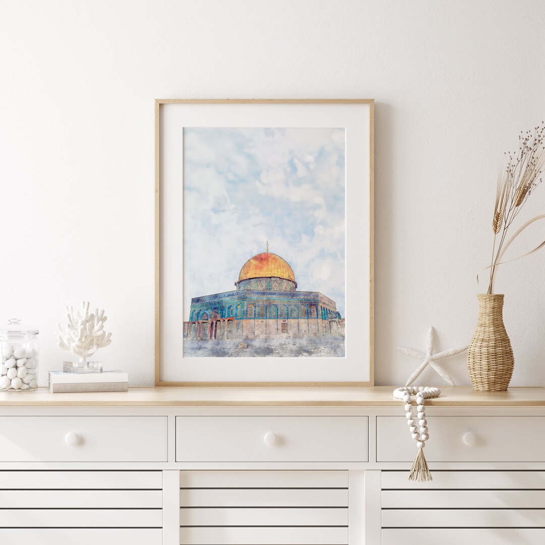 Acuarela de la Cúpula de la Roca, arte mural islámico de Al-Aqsa