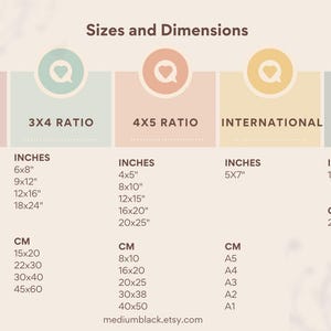 May include: A chart showing different sizes and dimensions for prints. The chart is divided into five sections, each with a different ratio: 2x3, 3x4, 4x5, International, and 11x14. Each section lists the dimensions in inches and centimetres.