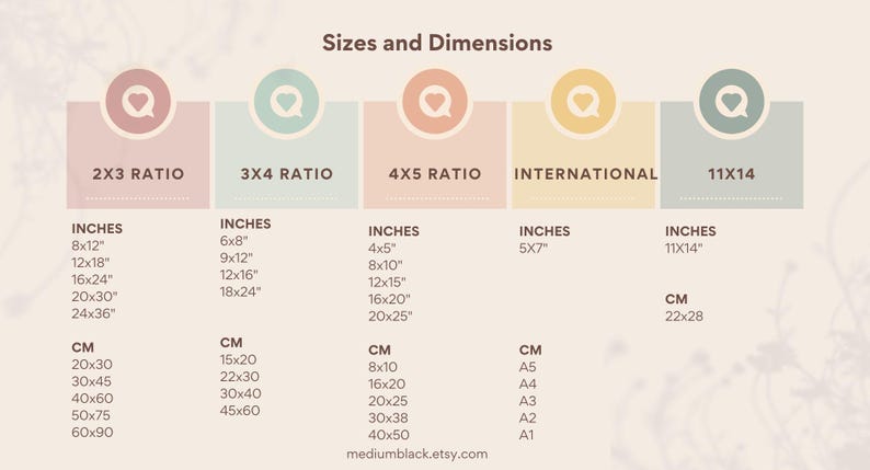 May include: A chart showing different sizes and dimensions for prints. The chart is divided into five sections, each with a different ratio: 2x3, 3x4, 4x5, International, and 11x14. Each section lists the dimensions in inches and centimetres.