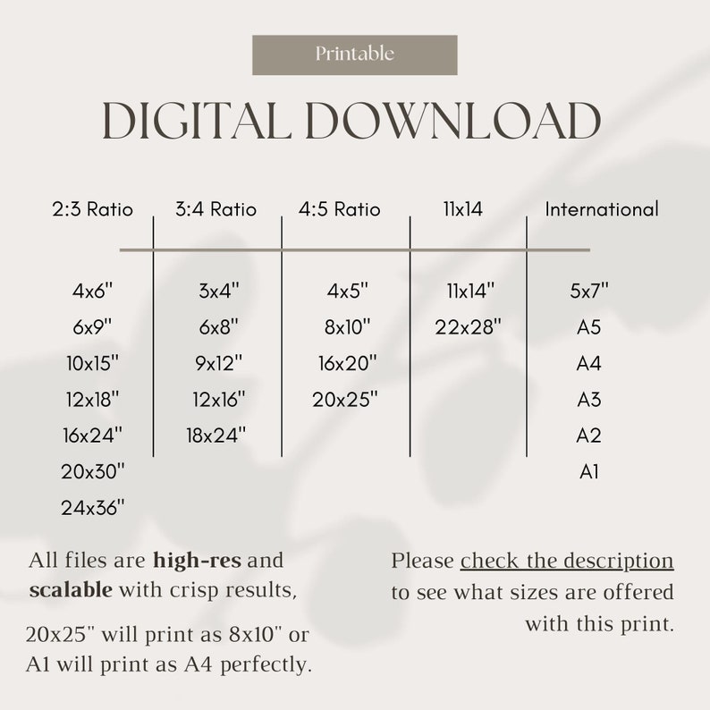 May include: Printable digital download chart showing different aspect ratios and corresponding print sizes in inches. The chart includes 2:3, 3:4, 4:5, 11x14, and international paper sizes. The text states that all files are high-resolution and scalable with crisp results.