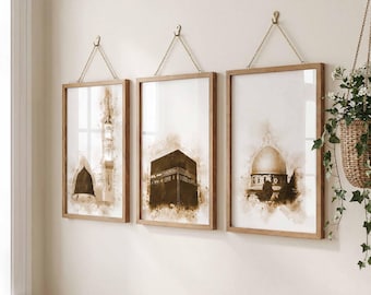 Set of 3 Islamic Wall Art, Kaaba Mecca, Masjid an-Nabawi Medina, Al Aqsa, Dome of the Rock, Islamic Poster Print, Digital Painting, Download