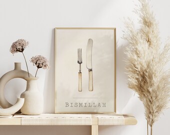 Bismillah kunst aan de muur afdrukbaar, poster bismillah, kunst aan de muur keuken, Boho islamitische moslim Home decor, vintage islamitische muur kunst, Ramadan Digital