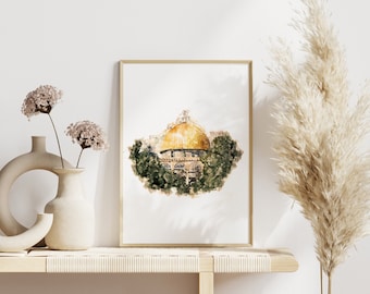 Klippdomen-målning, akvarell Al Aqsa islamisk väggkonst, islamisk affischtryck, islamisk målning, utskrivbar väggdekor, nedladdning