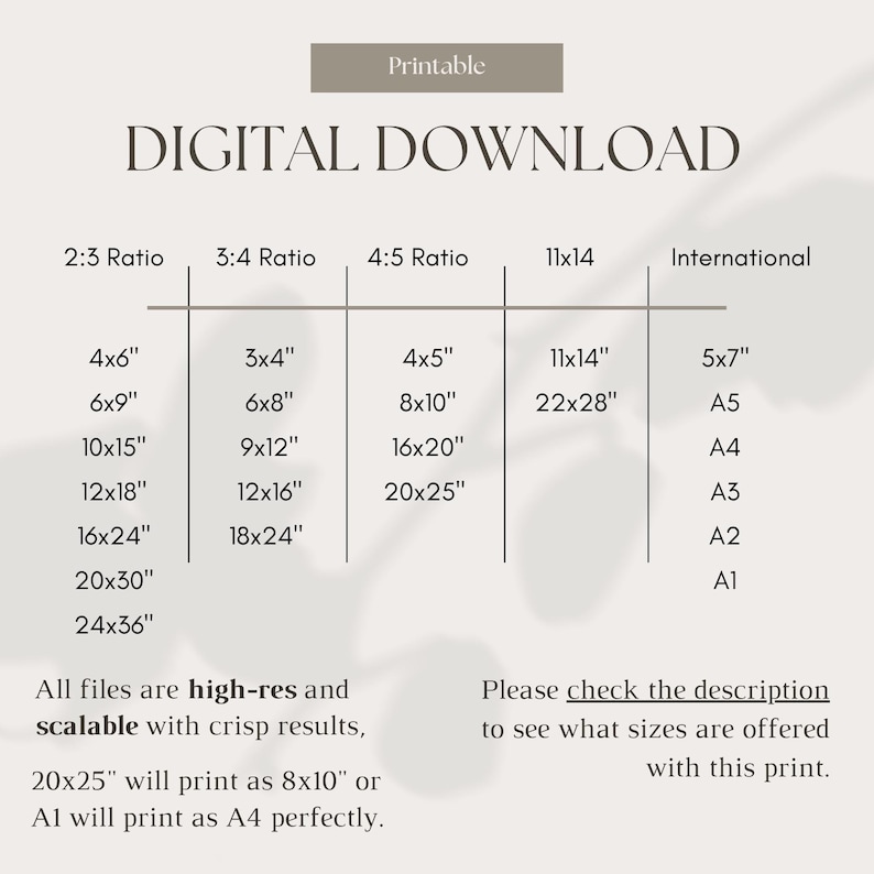 May include: Printable digital download chart showing different aspect ratios and corresponding print sizes in inches. The chart includes 2:3, 3:4, 4:5, 11x14, and international paper sizes. The text states that all files are high-resolution and scalable with crisp results.