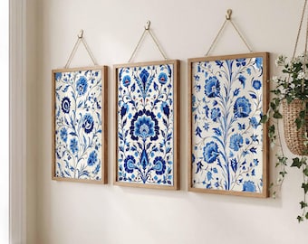 Ensemble d'art motif floral turc, art mural islamique bleu, décor de carreaux turcs, Ramadan vintage, cadeaux pour la maison, botanique abstrait numérique, téléchargement