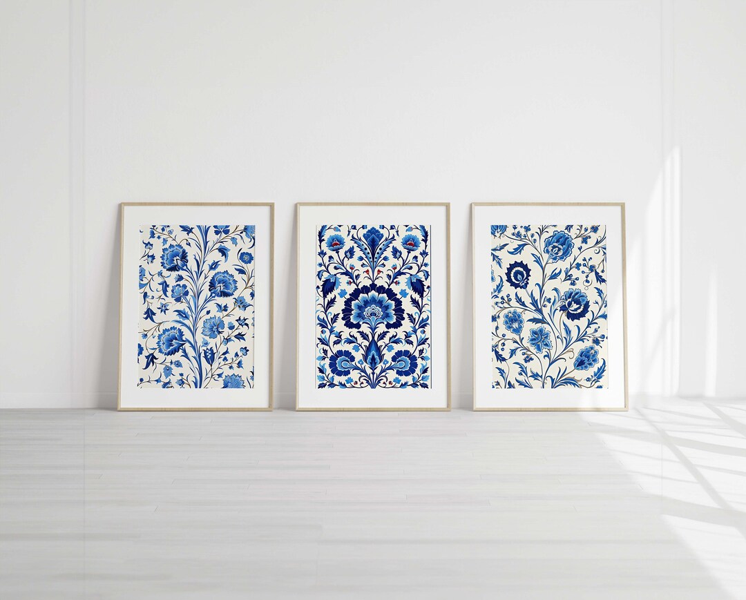 Set Turkish Floral Pattern Art, Blue Islamic Wall Art, Turkish Tile ...