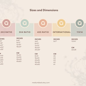 May include: A chart showing different print sizes and dimensions for photographs. The chart is divided into five columns, each representing a different ratio or standard size. The columns are labeled "2x3 Ratio", "3x4 Ratio", "4x5 Ratio", "International", and "11x14". Each column lists the dimensions in inches and centimeters for various print sizes.