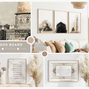 May include: A mood board with a boho, minimal, and cozy theme featuring watercolor paintings of Islamic architecture, including the Dome of the Rock, the Kaaba, and the Prophet's Mosque. The board also includes calligraphy art and pampas grass.