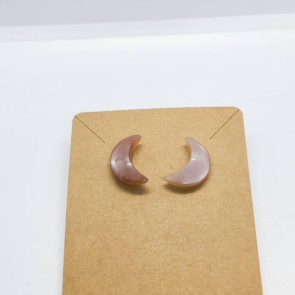 Peach moonstone stud earrings, Cresent moon stone jewelry, birthday gift for girlfriend, celestial gifts for her, rock lover gift