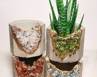 Geode crystal planter, succulent planter, miniature planter, cactus planter, airplant holder, chakra stone home decor, concrete planter