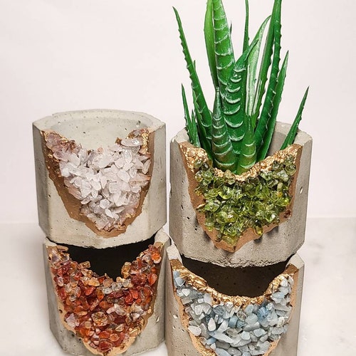 Geode crystal planter, succulent planter, miniature planter, cactus planter, airplant holder, chakra stone home decor, concrete planter