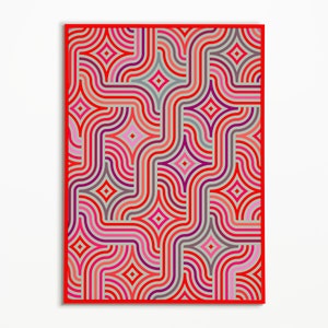 May include: Abstract geometric pattern with red, pink, and purple lines forming a repeating design of stars on a gray background. The pattern is framed in a red border.