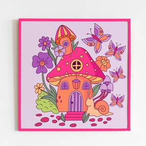 Digital File - Mushroom House Art Print Poster - Purple, Pop Art, Procreate, Pattern, Printable, Nature, Butterflies, Cottagecore