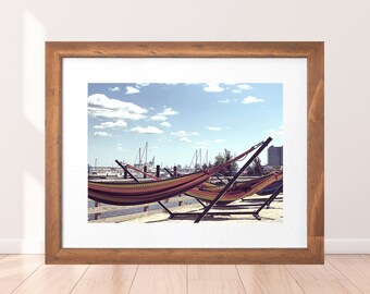 Hammocks Framed Photography Print - Philly, Philadelphia, Pennsylvania, Clouds, Sky, View, City, Spruce Street Harbor Park, Delaware River