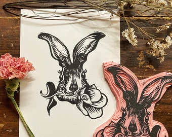 Easter bunny rabbit with flowers linoleum print