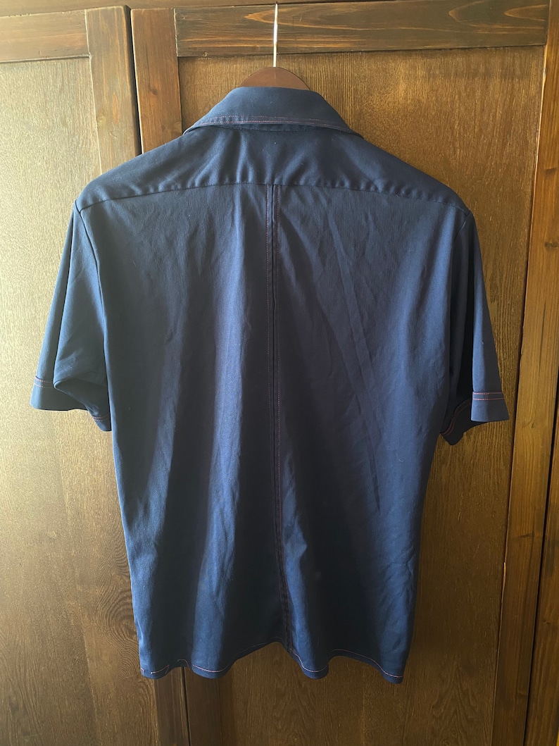 Greasy Large 70s Short Sleeve Shirt/ JC PENNEY Navy Polyester. Medium ...