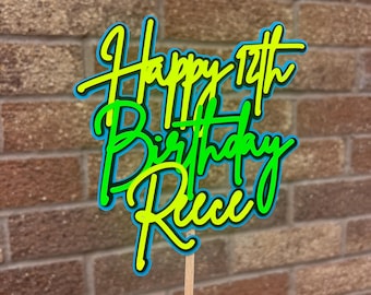 May include: A colorful birthday cake topper with the text "Happy 12th Birthday Reece" in a vibrant green and yellow font, outlined in blue and black. The topper is attached to a wooden stick.