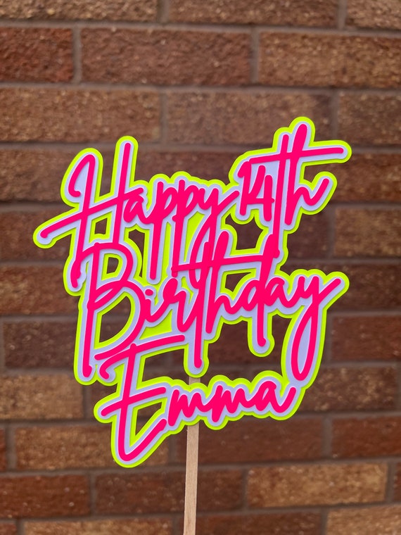 Pink & Yellow Neon Birthday Cake Topper - Neon Birthday Party - 80s Party - Rave Party - House Party