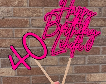 Happy Birthday Cake Topper Set Neon Pink & Black.