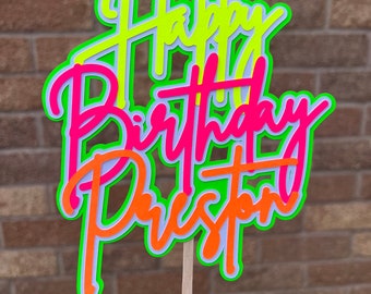 Yellow, Pink, Orange and Green Neon Birthday Cake Topper - Neon Birthday Party - 80s Party - Rave Party - House Party