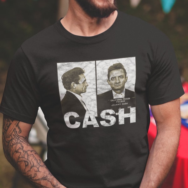 -shirt CASH | Chemise mug cash, chemise homme en noir, chemise de musique country, chemise country hors-la-loi, walk the line, prison de Folsom