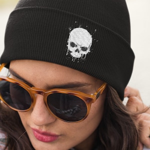 SKULL Beanie | skull knit hat, skullcap, skull cap, embroidered knit beanie with skull, punisher beanie, cool skull graphic