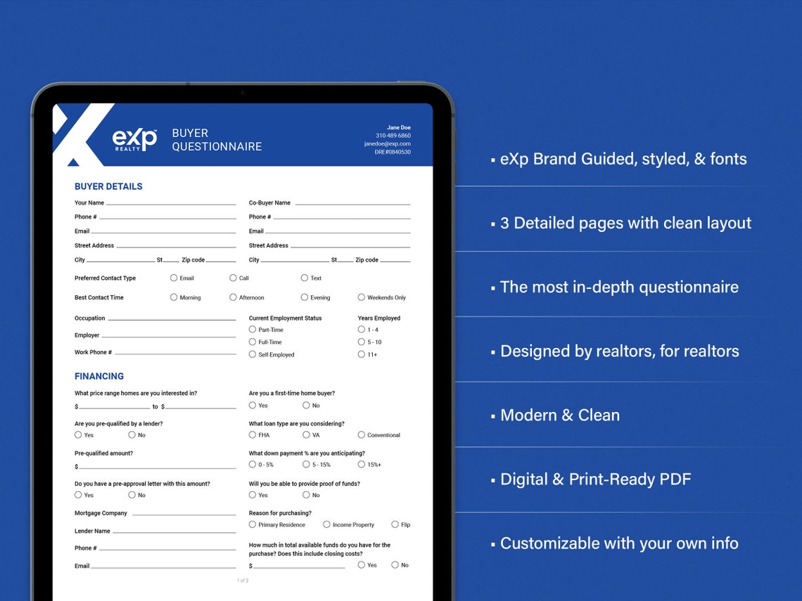 Exp Realty Buyer Questionnaire Real Estate Template Exp Exp Etsy