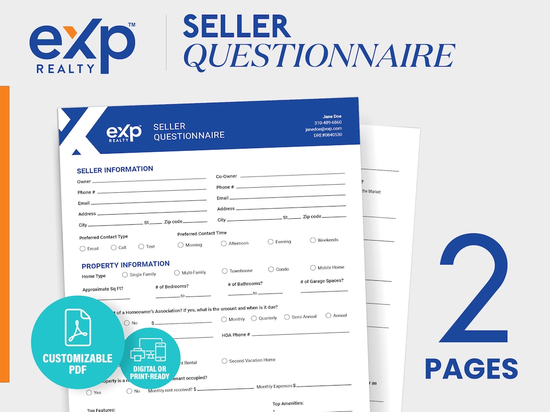 Exp Seller Questionnaire, Real Estate Template, Exp Realty, Seller