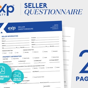 May include: A blue and white seller questionnaire form with the text "exp REALTY" and "SELLER QUESTIONNAIRE" at the top. The form has sections for seller information, property information, and HOA information. The form is customizable and can be used digitally or printed.