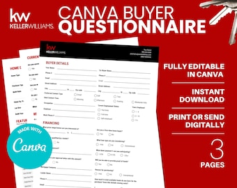 Keller Williams CANVA Buyer Questionnaire Template, CANVA real estate editable template, Real Estate Template, Canva Realtor Questionnaire