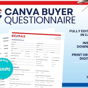 REMAX CANVA Buyer Questionnaire, CANVA real estate editable template, Real Estate Template, Canva Template Realtor Questionnaire, Remax temp