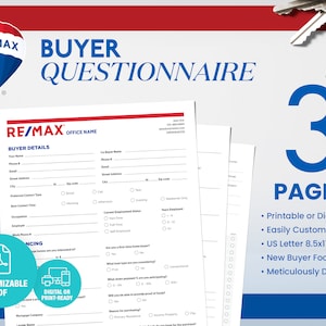 REMAX Home Buyer Questionnaire, Re/Max Buyer Questionnaire, Template, Print Ready, PDF, Real Estate Tool, Questionnaire Form