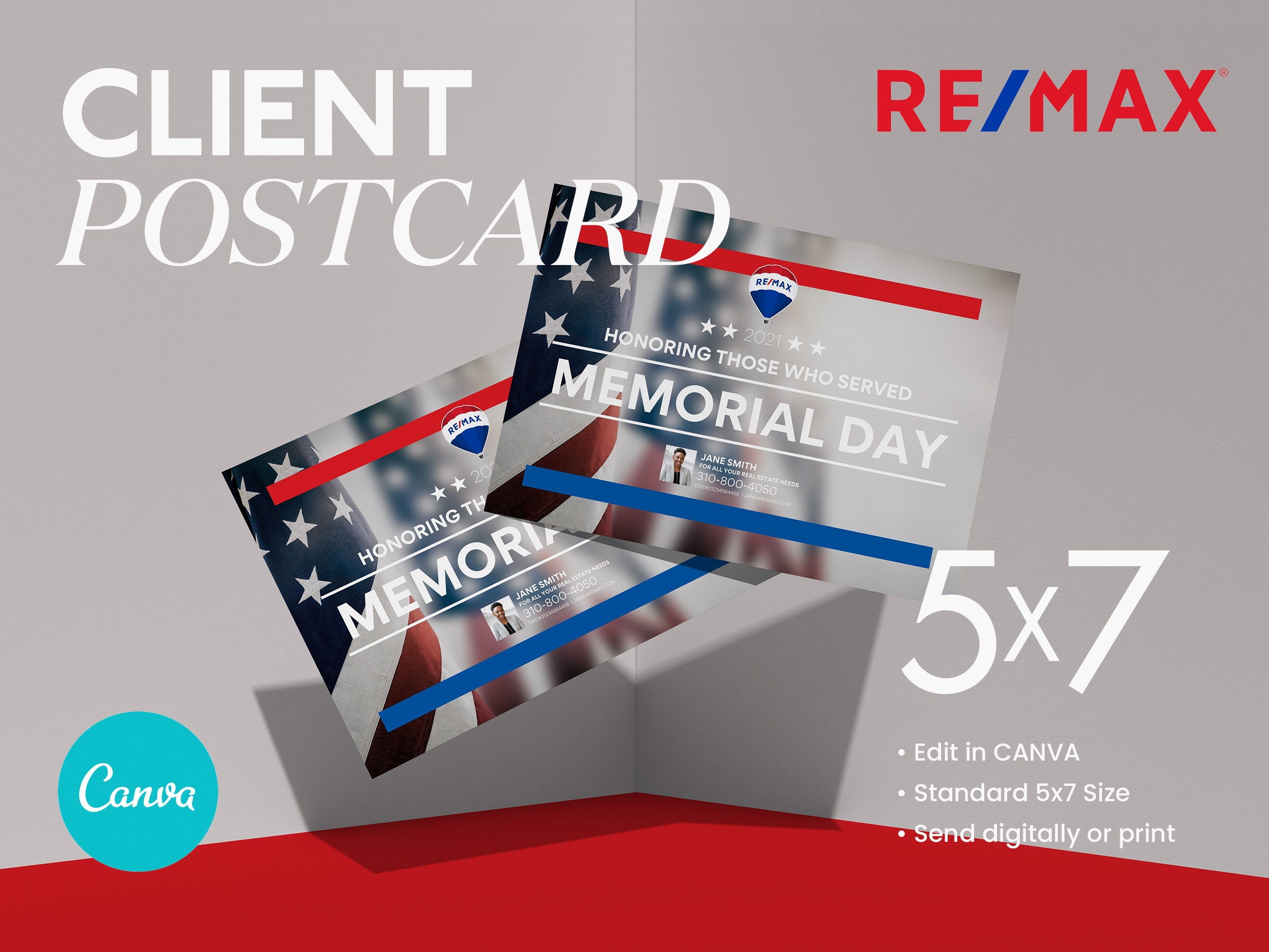 REMAX 5x7 Postcard in CANVA for Real Estate Lead Gen, Realtor Real Estate Holiday Mailer, Memorial Day, Holiday Real Estate Client Mailer