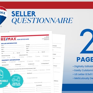 REMAX Seller Questionnaire, Re/Max Customizable Seller Questionnaire PDF Template, Custom Template, Print Ready, PDF, Real Estate Marketing