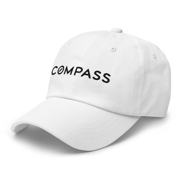 Compass Embroidered White Dad Hat, Compass Dad Hat embroidery, Compass logo embroidered dad hat, Compass embroidery Dad Hat, Compass Hat