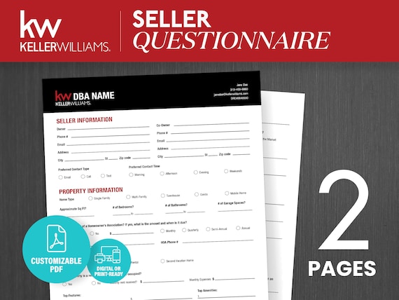 Keller Williams Seller Questionnaire, Real Estate Template (Printable PDF)