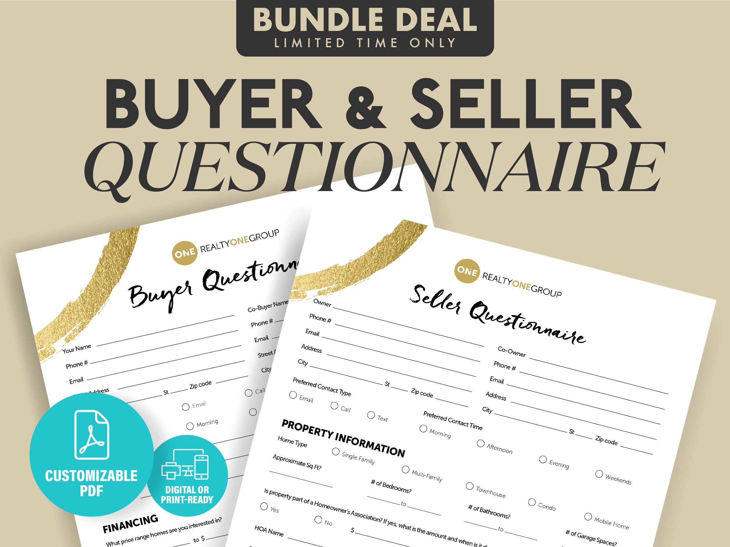Realty ONE Group Buyer & Seller Questionnaire Bundle, Buyer Questionnaire, Seller Questionnaire, Print Ready, PDF, Realtor Form, Real Estate